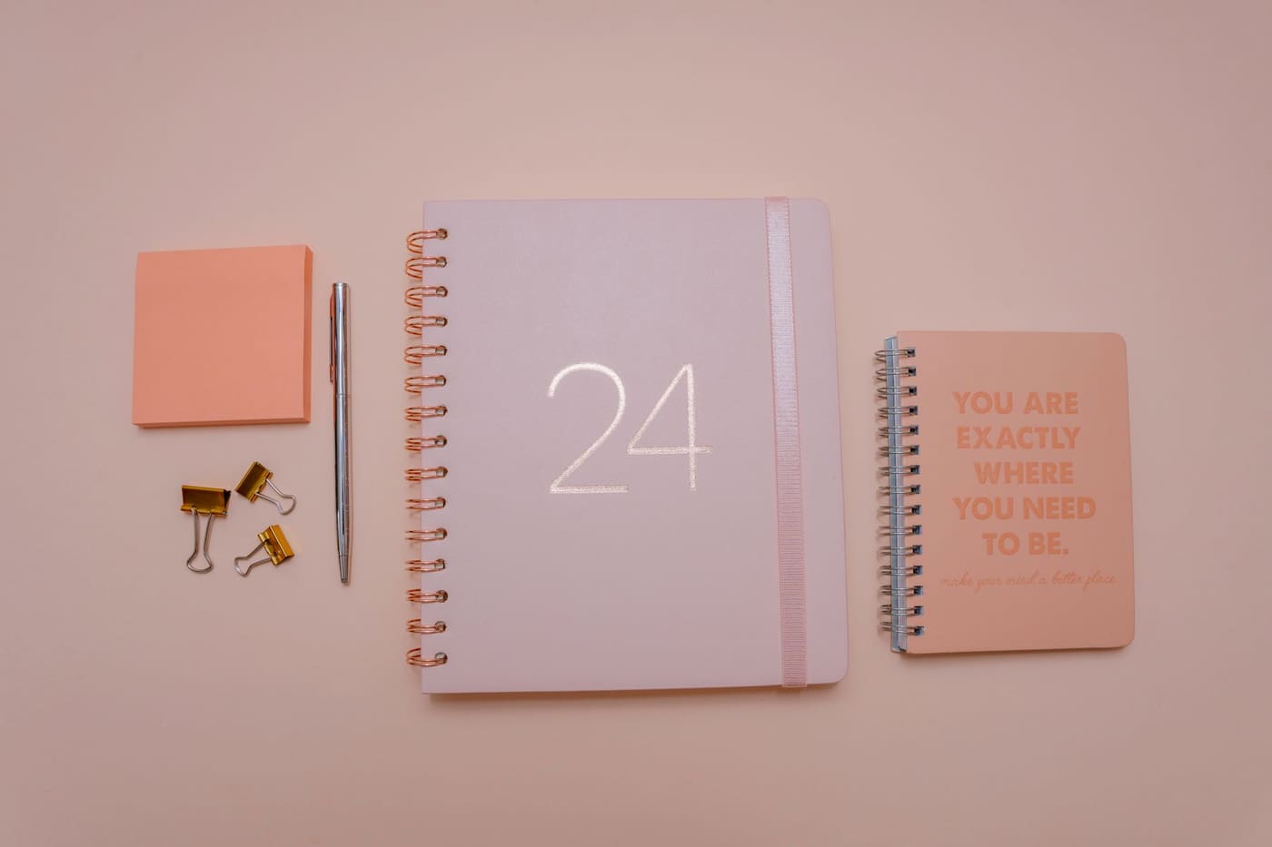Notebooks, a pen and paper clips laid out on a peach background